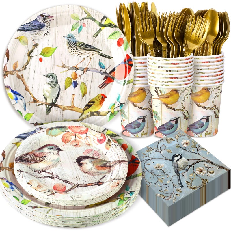 Yoande 194 Pcs Fox Duck Bird Theme Birthday Party Supplies Woodland Animal Face Paper Dessert Plates Knives Forks Spoons Cups Napkins for Kids Girl Boy Baby Shower Tableware Set Serves 24 Bird