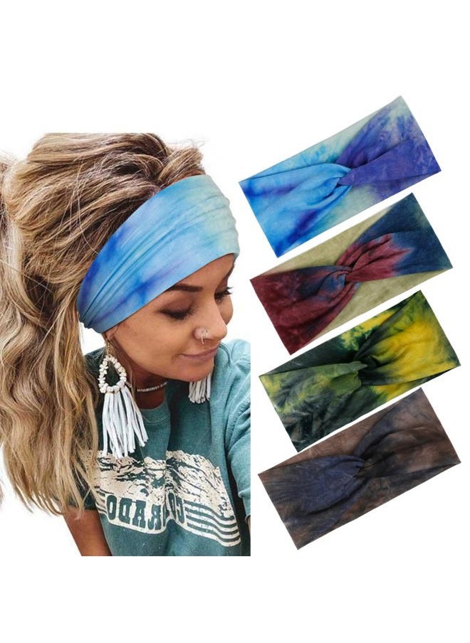 AKTVSHOW Tie Dye Headbands for Women Knotted Headband Elastic Head Bands Women's Hair Band Non-Slip Turban Yoga Stylish Sport Sweat Hair Wrap for Girls Cute Hair Accessories 4PCS  - Image 1
