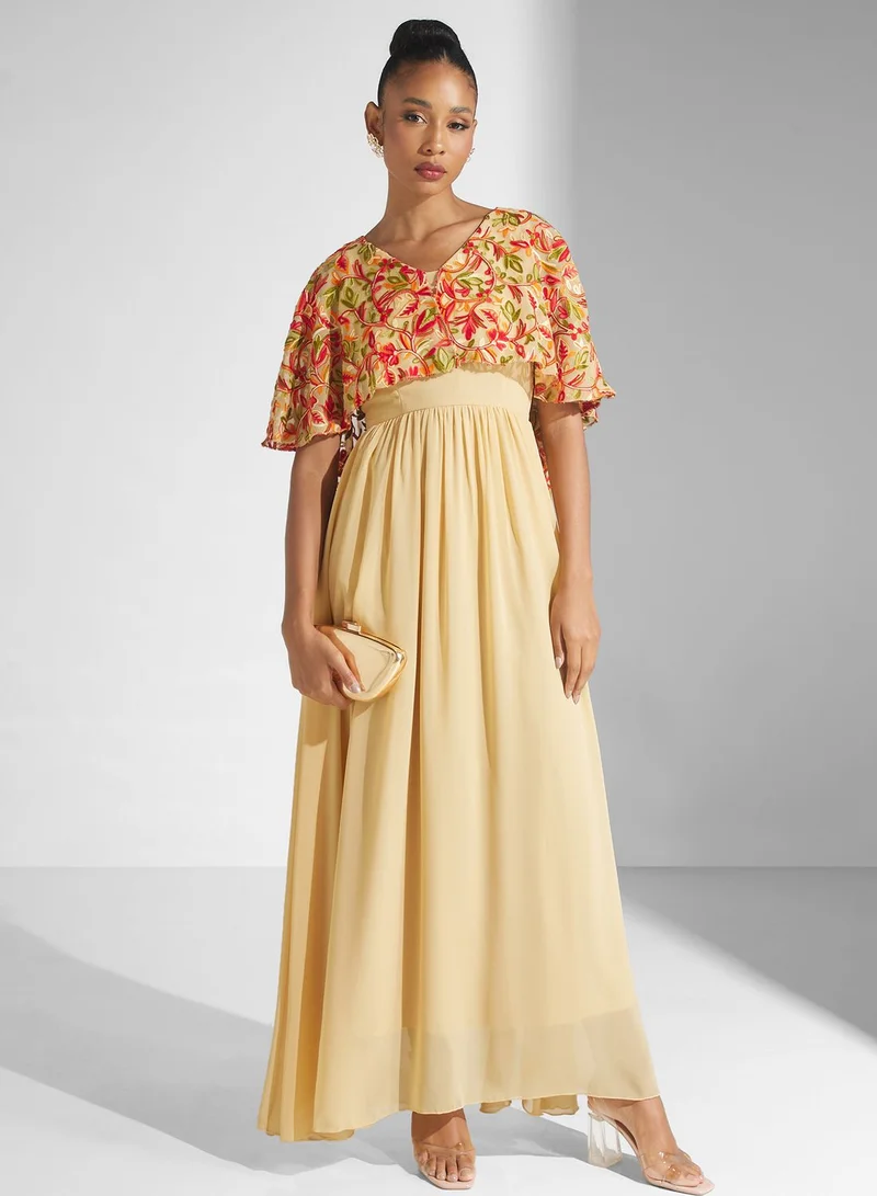 Golden Apple Embroidered Cape Sleeve Dress