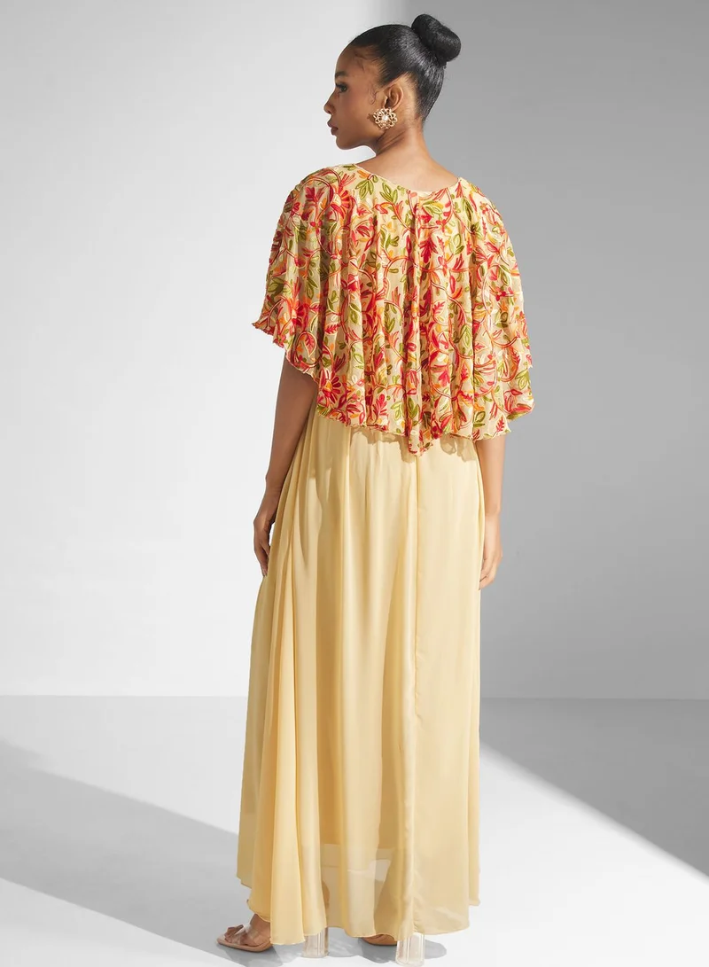 Golden Apple Embroidered Cape Sleeve Dress
