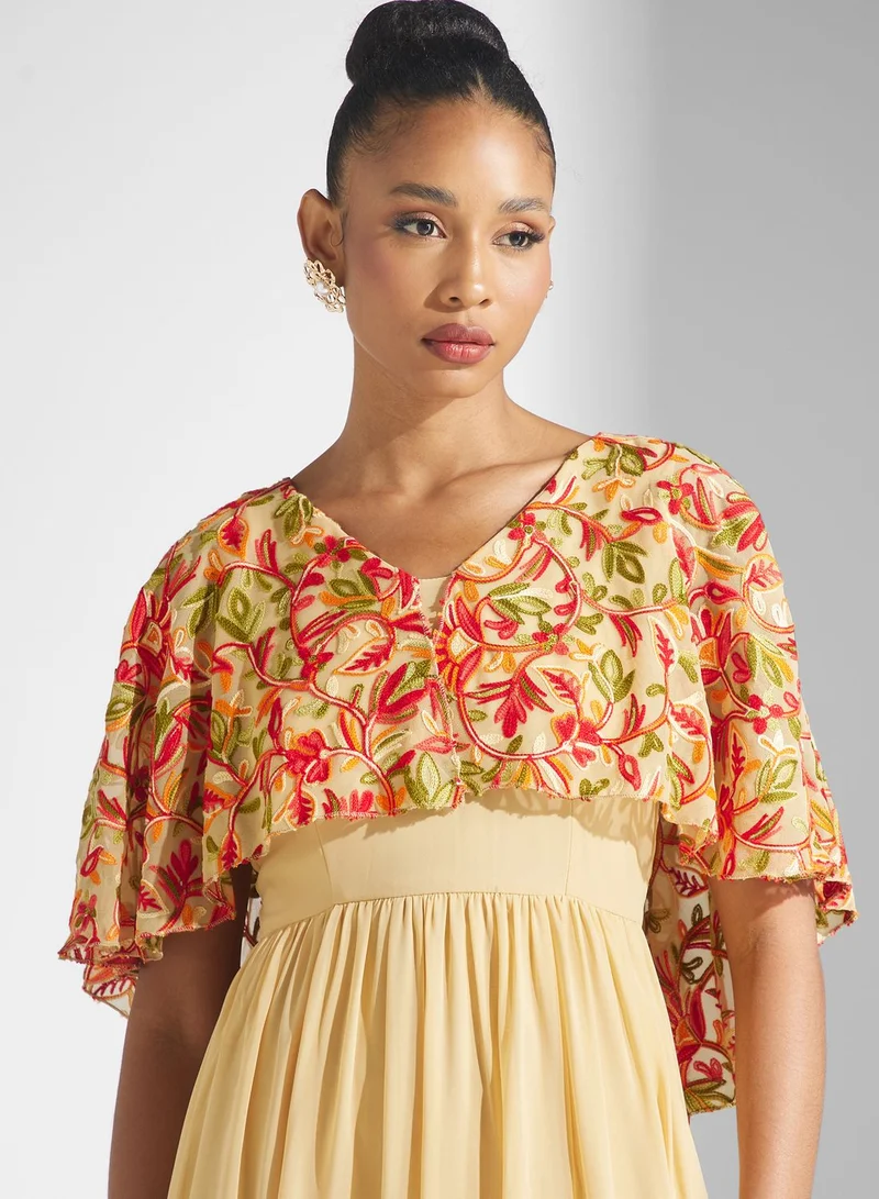 Golden Apple Embroidered Cape Sleeve Dress