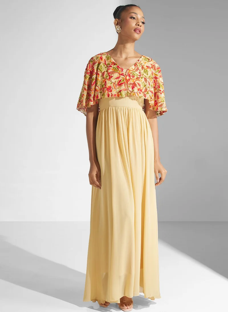 Golden Apple Embroidered Cape Sleeve Dress