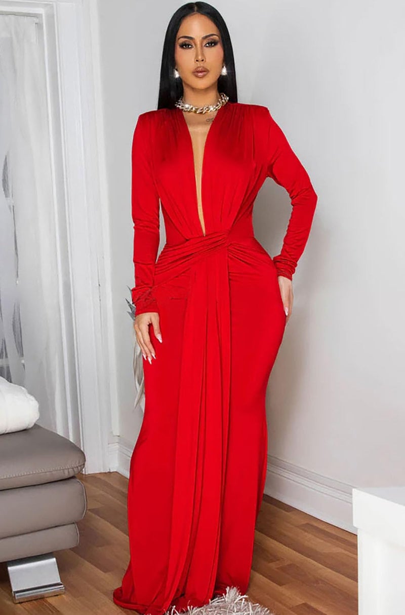 Memoriesea Women's Elegant Long Sleeve Deep V Neck Bodycon Party Evening Gown Maxi Dress Red - Image 5