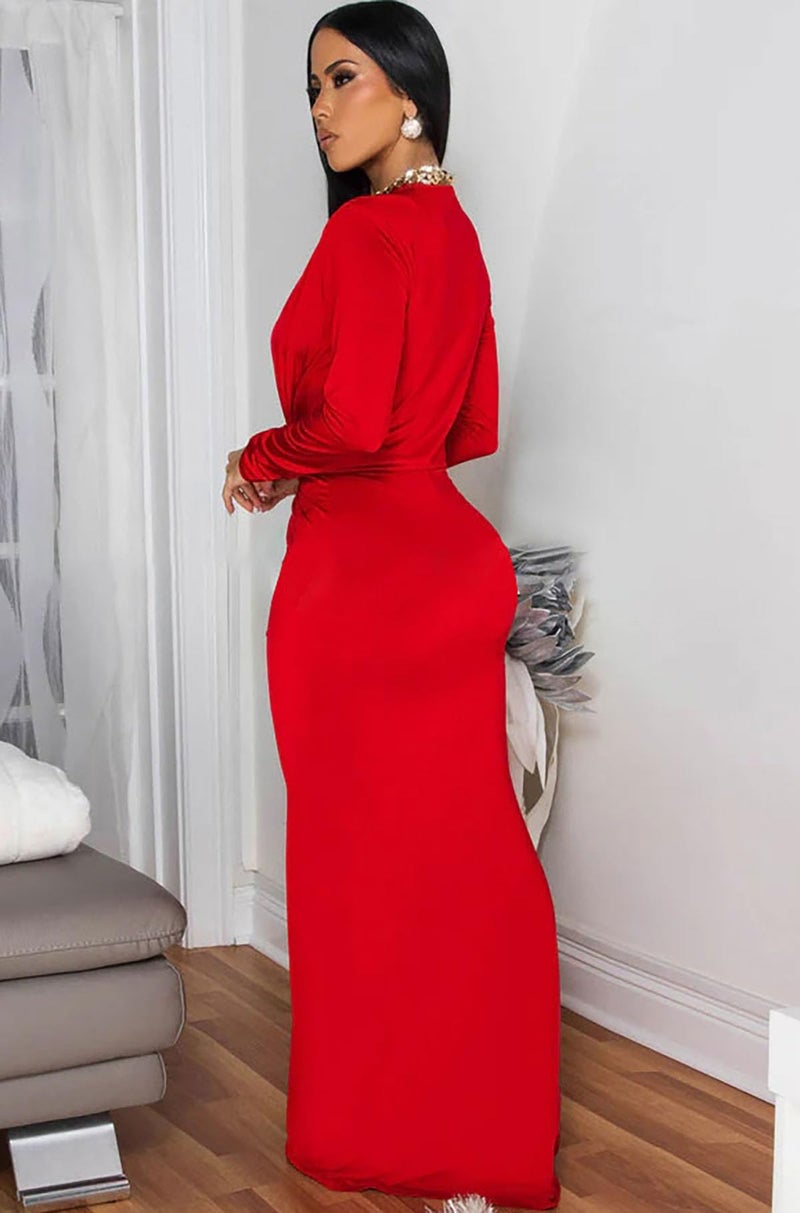 Memoriesea Women's Elegant Long Sleeve Deep V Neck Bodycon Party Evening Gown Maxi Dress Red - Image 3