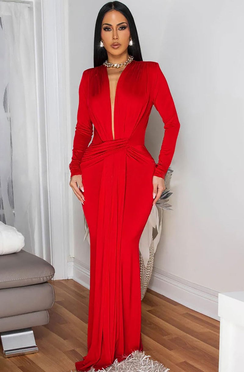 Memoriesea Women's Elegant Long Sleeve Deep V Neck Bodycon Party Evening Gown Maxi Dress Red - Image 2