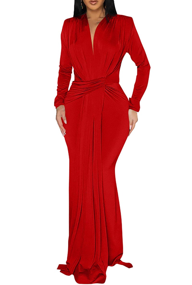 Memoriesea Women's Elegant Long Sleeve Deep V Neck Bodycon Party Evening Gown Maxi Dress Red - Image 1