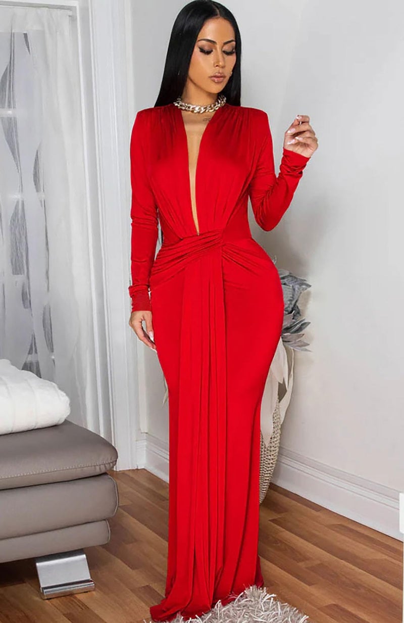 Memoriesea Women's Elegant Long Sleeve Deep V Neck Bodycon Party Evening Gown Maxi Dress Red - Image 4