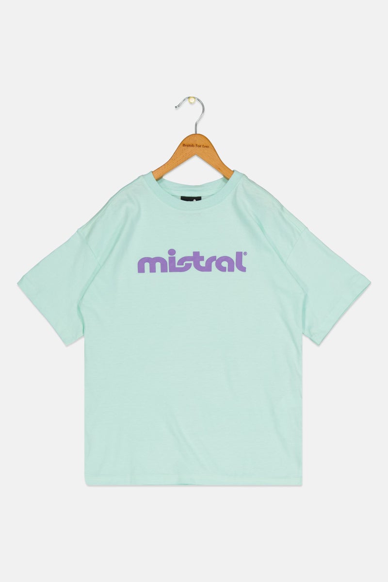 mistral Kids Girl Crew Neck Short Sleeve Brand Logo T-Shirt, Mint Green - Image 1