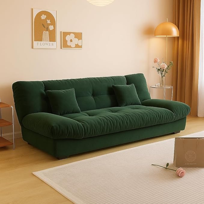 Poppins Home Modern Plush 3-Seater Sofa – Ultra Soft Tufted Velvet Couch with Cushions, Minimalist Scandinavian Style for Bedroom or Hotel Low-Priced Folding Living Room Furniture (Dark Green) - Image 1