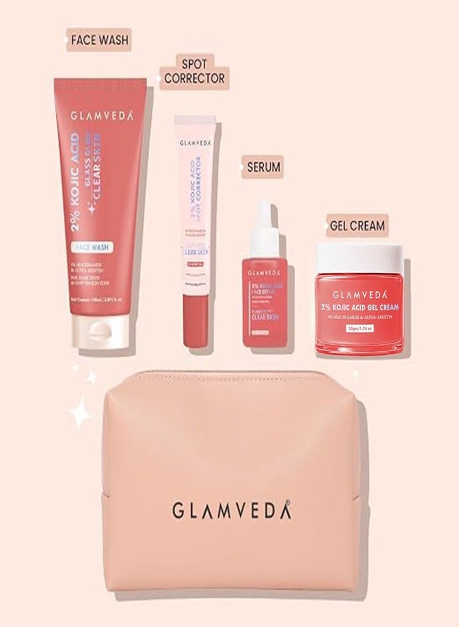 Glamveda 2% Kojic Acid 4 Step Skincare Set With Pouch – Facewash, Spot Corrector, Serum & Cream | Remove Dark Spots, Pigmentation, Acne Scars & Melasma | Evens Skin Tone - Image 1