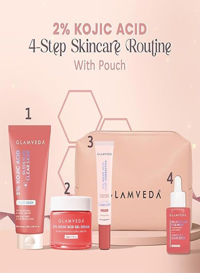 Glamveda 2% Kojic Acid 4 Step Skincare Set With Pouch – Facewash, Spot Corrector, Serum & Cream | Remove Dark Spots, Pigmentation, Acne Scars & Melasma | Evens Skin Tone - Image 2