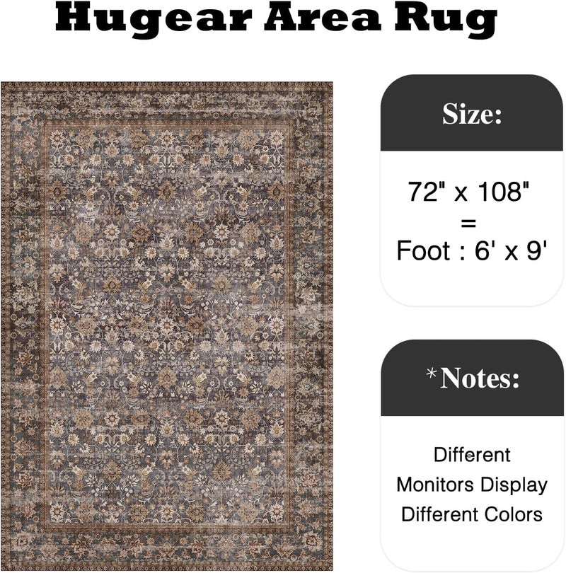 HUGEAR 6x9 Machine Washable Rugs Tradition Brown Hallway Large Area Rug Indoor Accent Rug Floral Low Pile Carpet Soft Throw Aesthetic Rug Bedroom Living Room Office Dining Room Kitchen Laundry Room - Image 2