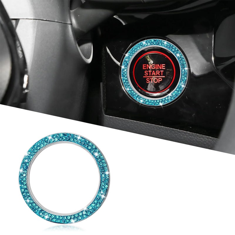 Tecledsn Car Bling Crystal Rhinestone Engine Start Decoration Ring Sparkling Push Start Button Sticker Key Ignition Knob Ring Decoration Bling Car Interior Accessories for Women Lake Blue - Image 3