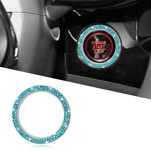 Tecledsn Car Bling Crystal Rhinestone Engine Start Decoration Ring Sparkling Push Start Button Sticker Key Ignition Knob Ring Decoration Bling Car Interior Accessories for Women Lake Blue - Image 1