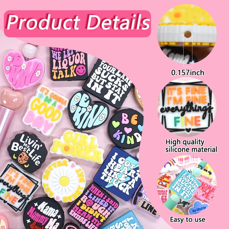 XHAOYEAHX 70PCS Phrase Focal Beads for pens, Not Duplicated Silicone Focal Beads for DIY Beadable Pen Keychain Bracelet Lanyard Making - Image 3