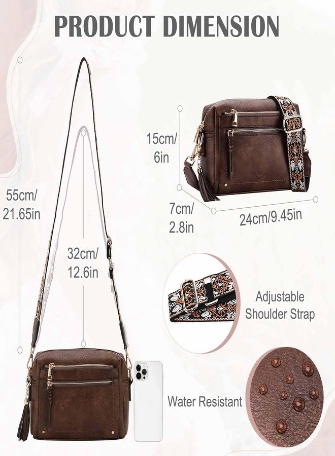 Kasqo Crossbody Bags for Women,Stylish Vegan Leather Cross Body Tassel Purse Medium Shoulder Handbags with Wide Guitar Strap Coffee - Image 2