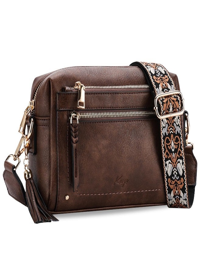 Kasqo Crossbody Bags for Women,Stylish Vegan Leather Cross Body Tassel Purse Medium Shoulder Handbags with Wide Guitar Strap Coffee - Image 1
