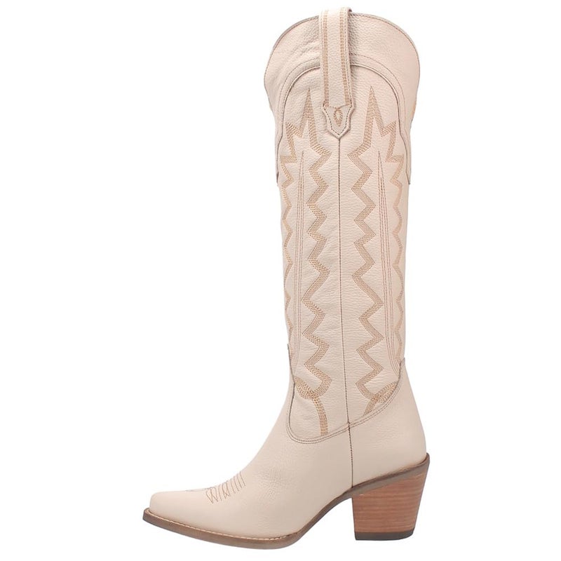 Dingo Womens High Cotton Embroidery Snip Toe Casual Boots Knee High Mid Heel 2-3" - Beige - Size 8 M - Image 3