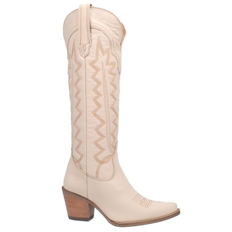 Dingo Womens High Cotton Embroidery Snip Toe Casual Boots Knee High Mid Heel 2-3" - Beige - Size 8 M - Image 1