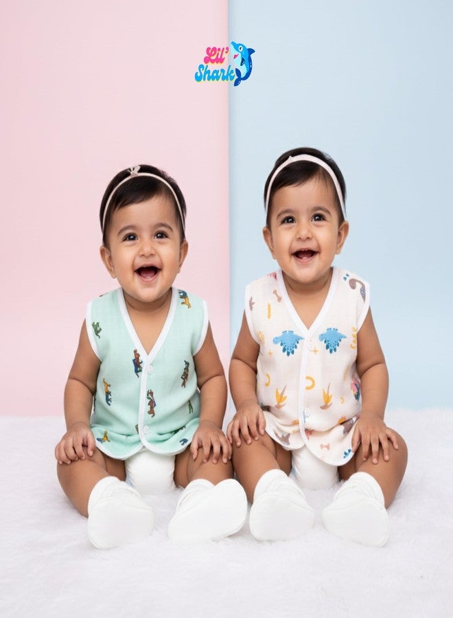 Lil' Shark Muslin Baby Jabla Vest Set | Sleeveless Jhablas for Newborns | Cute Cartoon Prints for Boys & Girls (in, Age, 6 Months, 12 Months, Regular, 5, Combo 1) - Image 2