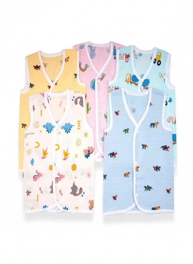 Lil' Shark Muslin Baby Jabla Vest Set | Sleeveless Jhablas for Newborns | Cute Cartoon Prints for Boys & Girls (in, Age, 6 Months, 12 Months, Regular, 5, Combo 1) - Image 1