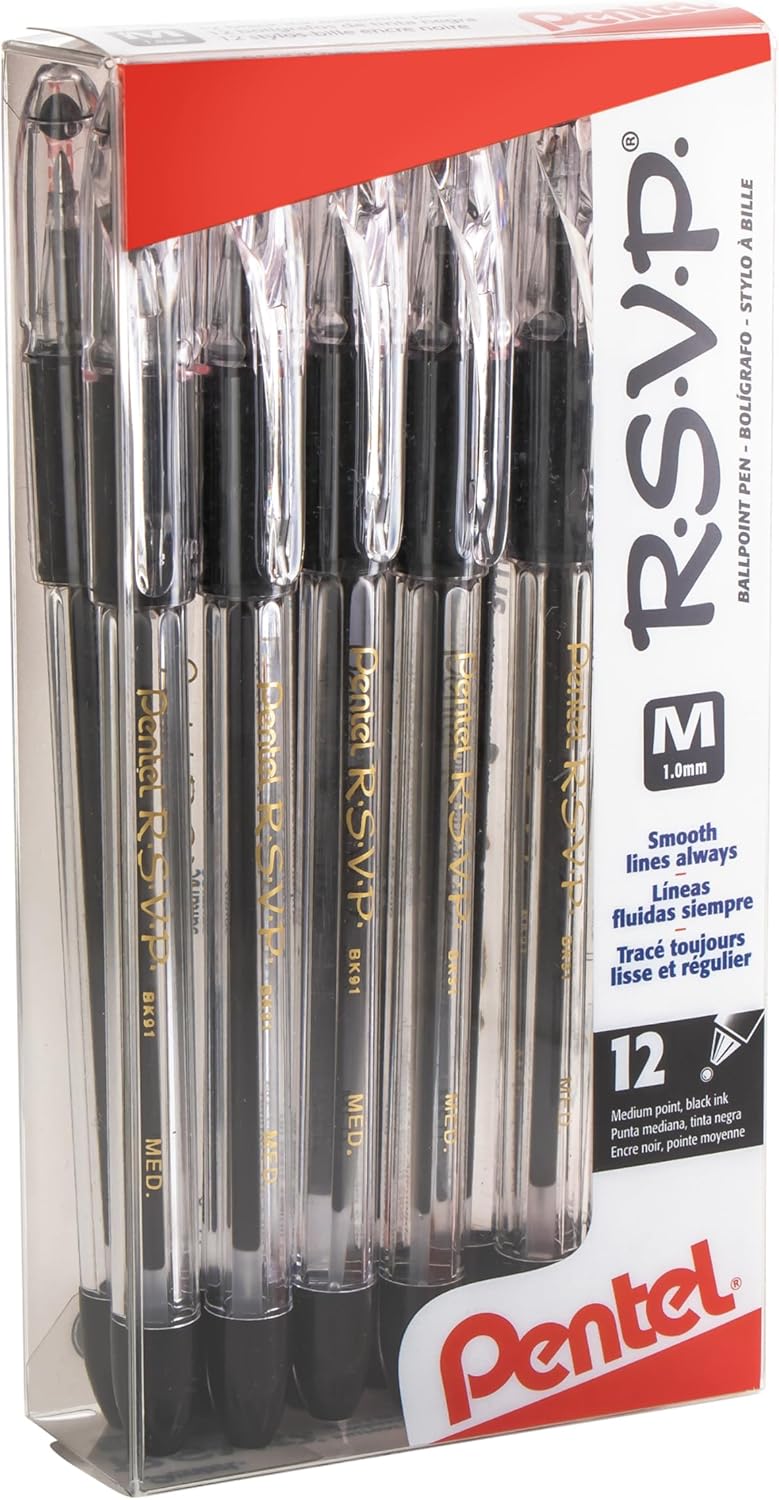 Pentel RSVP Ballpoint Pen, (1.0mm), Medium Line, Black Ink, 12 Pack (BK91PC12A) - Image 1