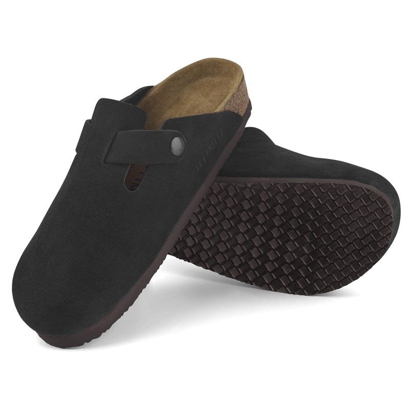 ILLIMITE Suede Clogs for Women Men Cork Footbed Sandals Leather Mules Potato Shoes with Arch Support and Adjustable Buckle Black