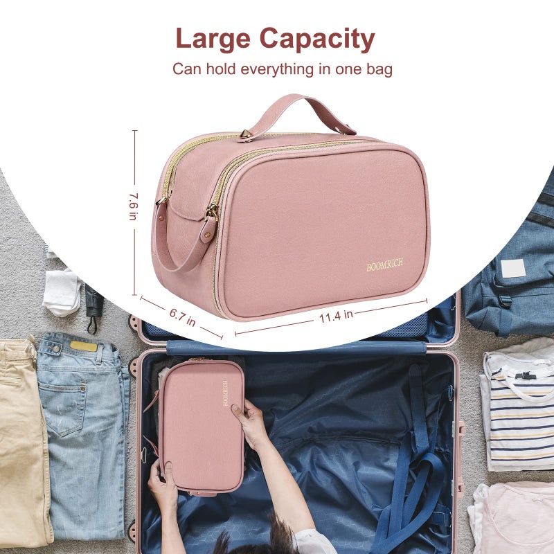 BOOMRICH Large Travel Makeup Bag, Cosmetic Bag, Toiletry Bag for Women, Water-Resistant Leather Toiletry Organizer, Dopp Kit for Toiletries Accessories, Pink - Image 5