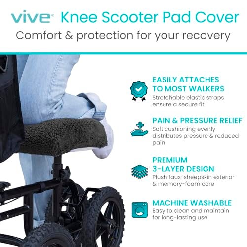 Vive Mobility Knee Scooter Pad Cover - Soft Plush Adult Sheepskin Memory Foam Cushion, Walker Accessory for Knee Roller, Padded Accessories Leg Cart Improves Comfort with Injury, Universal Fit (Black) - Image 2