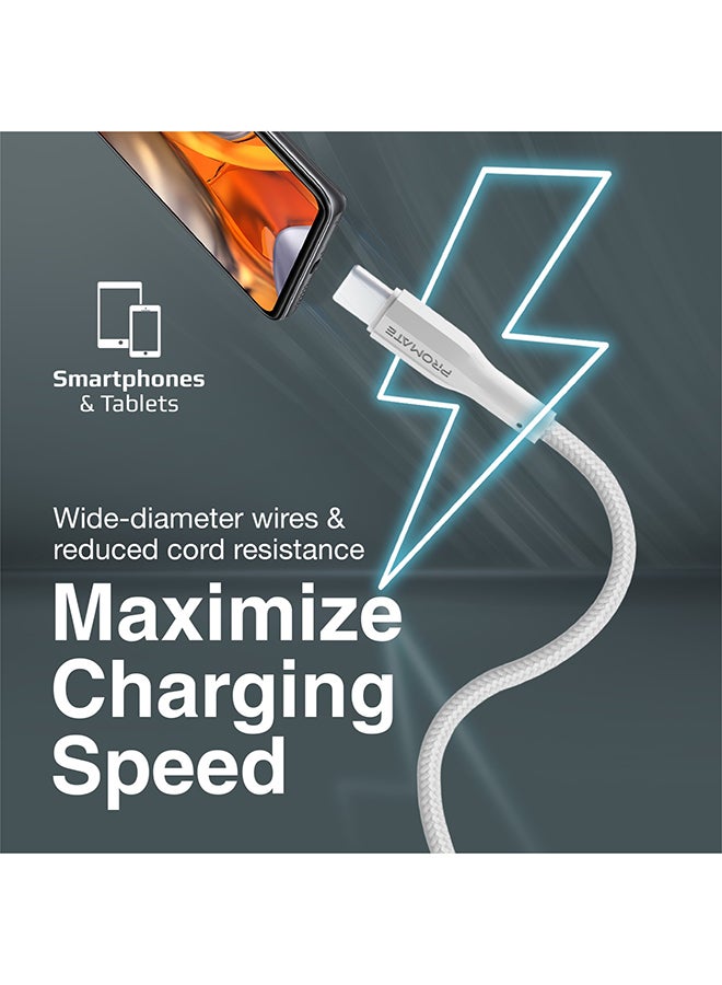بروميت كابل بروميت USB إلى USB-C ، كابل شحن متين من السيليكون من النوع C مع شحن سريع 2 أمبير ، مزامنة بيانات 480 ميجابت في الثانية ، سلك 1 متر وعمر طويل للانحناء 10000 لسامسونج جالاكسي S22 ، iPad Air ، XCord-AC ، أبيض لون أبيض - Image 2