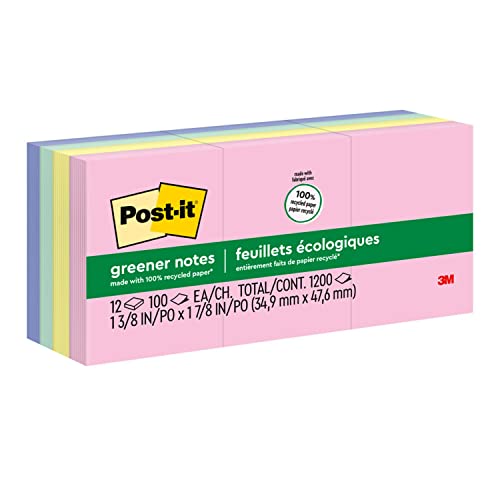 Post It Post-it Greener Notes, 13/8inch*17/8inch, 12 Pads, America's #1 Favorite Sticky Notes, Sweet Sprinkles, Pastel Colors (Pink, Blue, Mint, Yellow), Clean Removal, 100% Recycled Material (653-RP-A) - Image 5