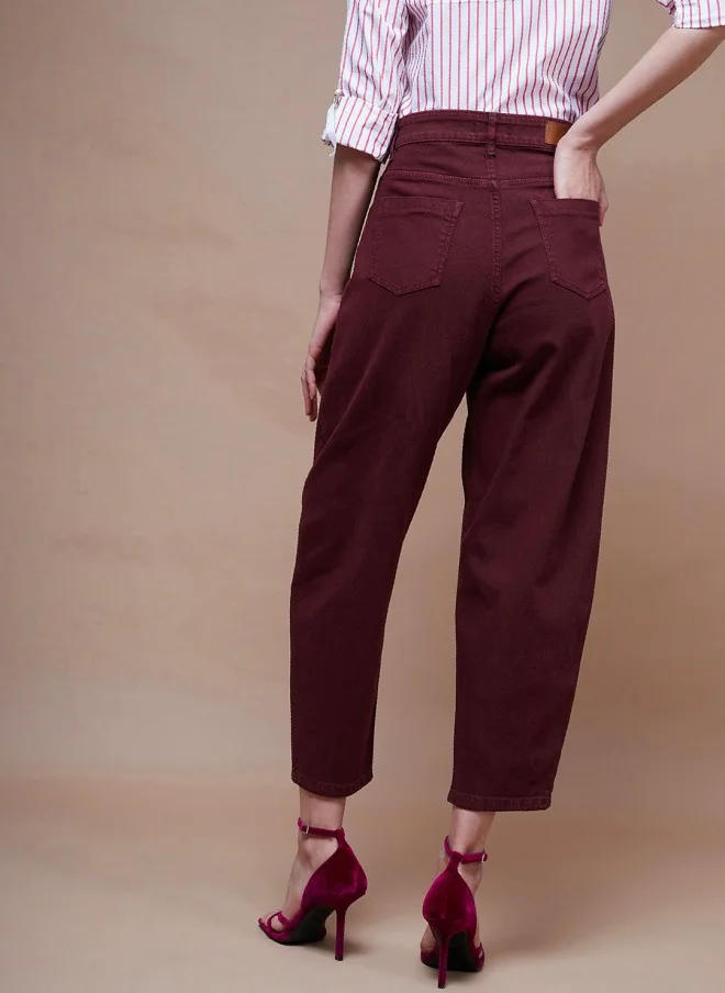 SASSAFRAS Burgundy Stretchable Relaxed Fit Jeans for Women
