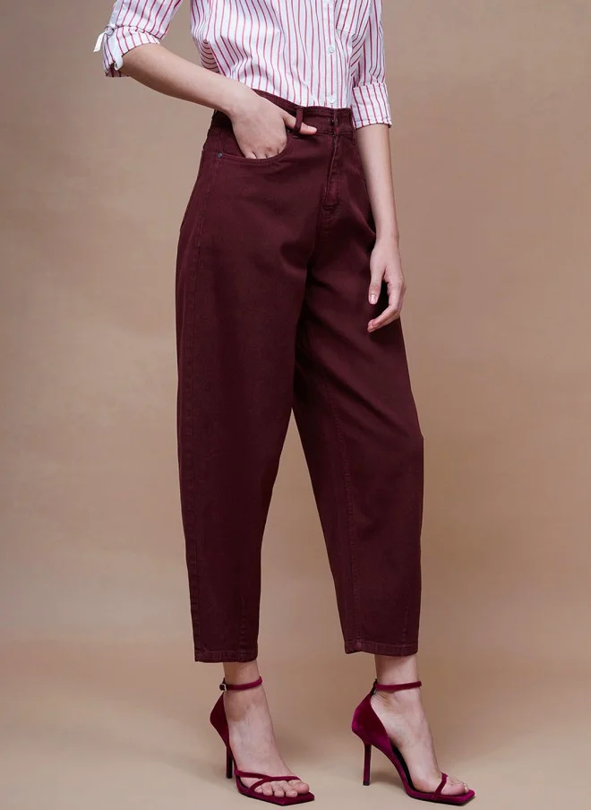 SASSAFRAS Burgundy Stretchable Relaxed Fit Jeans for Women