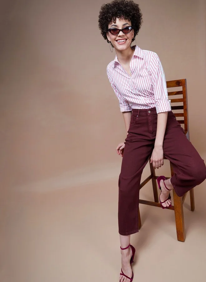 SASSAFRAS Burgundy Stretchable Relaxed Fit Jeans for Women
