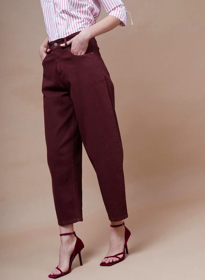 SASSAFRAS Burgundy Stretchable Relaxed Fit Jeans for Women