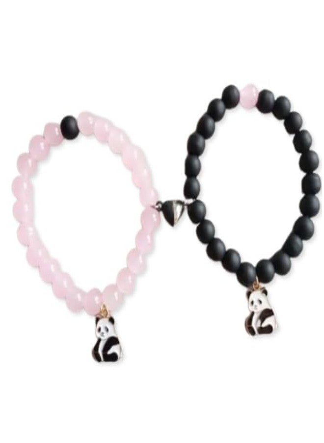 SUPER SOFTENER Magnetic Bracelets 2Pcs Love Heart Matching Panda Beads Bracelet Set Adjustable Bracelets for Men Women Couples Friends Gift Friendship - (Pack of 2) (Cute Panda's Bracelet Combo) - Image 1