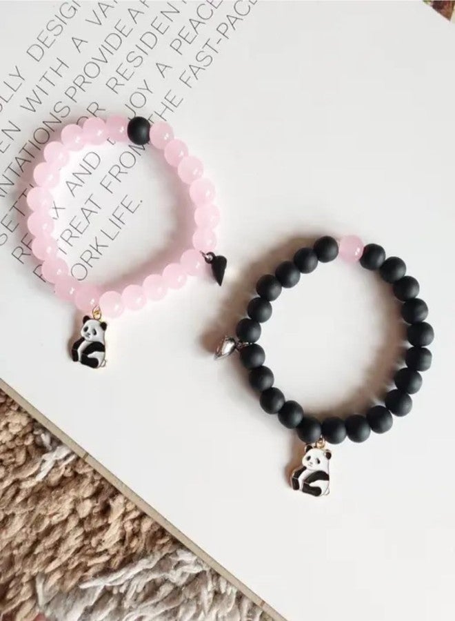 SUPER SOFTENER Magnetic Bracelets 2Pcs Love Heart Matching Panda Beads Bracelet Set Adjustable Bracelets for Men Women Couples Friends Gift Friendship - (Pack of 2) (Cute Panda's Bracelet Combo) - Image 4