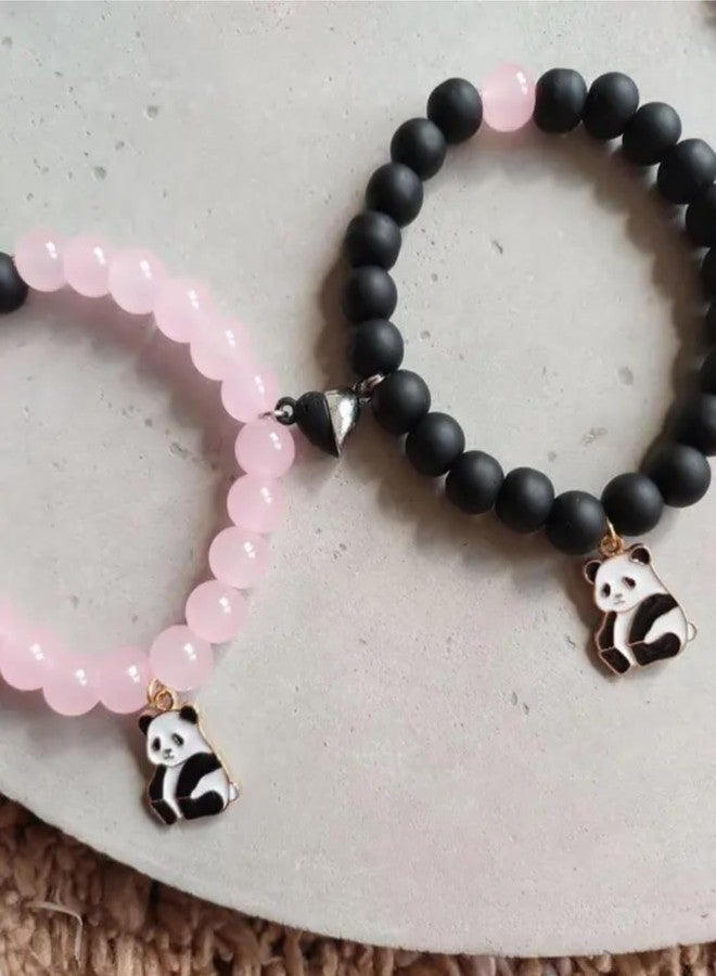 SUPER SOFTENER Magnetic Bracelets 2Pcs Love Heart Matching Panda Beads Bracelet Set Adjustable Bracelets for Men Women Couples Friends Gift Friendship - (Pack of 2) (Cute Panda's Bracelet Combo) - Image 3