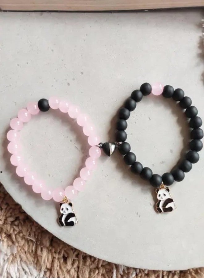 SUPER SOFTENER Magnetic Bracelets 2Pcs Love Heart Matching Panda Beads Bracelet Set Adjustable Bracelets for Men Women Couples Friends Gift Friendship - (Pack of 2) (Cute Panda's Bracelet Combo) - Image 2