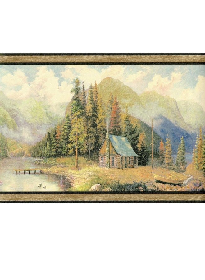 TRIMZ Wallpaper Border - Rustic Mountain Cabin by Lake with Pine Forest & Canoe, Lodge & Cabin Wall Decor for Living Room and Hallway, Pre-Pasted, 15 ft x 9 in - Image 1