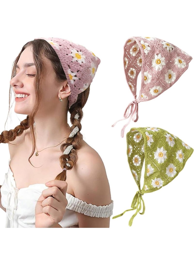 ChicAbode 2 الكروشيه وشاح ، وشاح محبوك الوردي ، الأبيض ديزي وشاح ، زهرة الشعر الفرقة ، الرجعية الهبي وشاح ، وشاح ربطة عنق ، بوهيميا زينة الشعر - Image 1