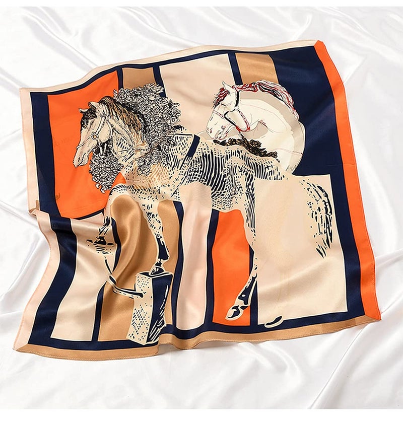 MEISEE 100% Pure Mulberry Silk Square Scarf 26"x26"-65CM Head Scarf for Women Natural Silk Neckerchief Printed Headscarf (Coffee color orange horse) - Image 5