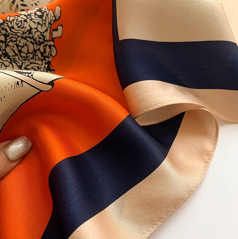 MEISEE 100% Pure Mulberry Silk Square Scarf 26"x26"-65CM Head Scarf for Women Natural Silk Neckerchief Printed Headscarf (Coffee color orange horse) - Image 4