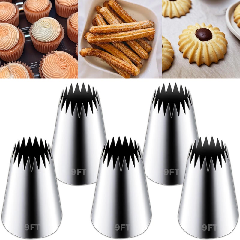 Hendiy 5 Pieces Churro Piping Tips, Stainless Steel 9FT Large Piping Tip Churro Maker Icing Tips, Pastry Tips for Cake Decorating Frosting Tip - Image 1