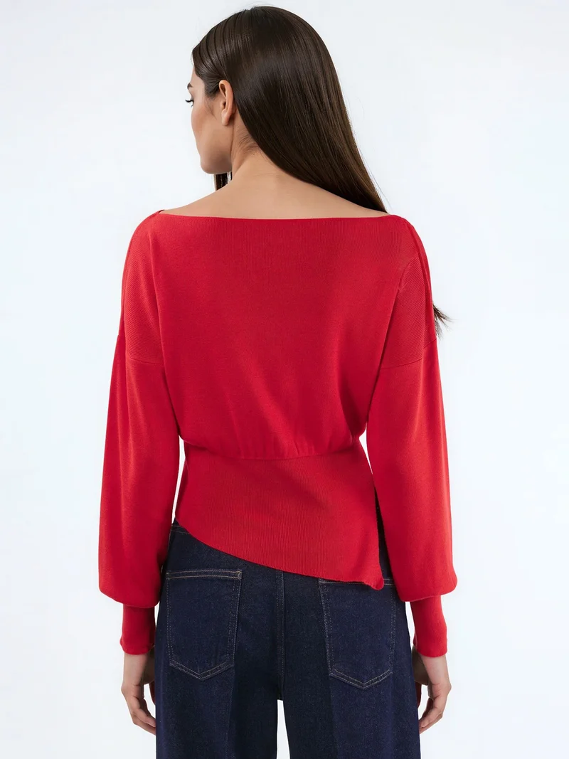 Hiccup Red Mercerized Look Boat Neck Knit Sweater with Slit Detail for Women | Best Price UAE