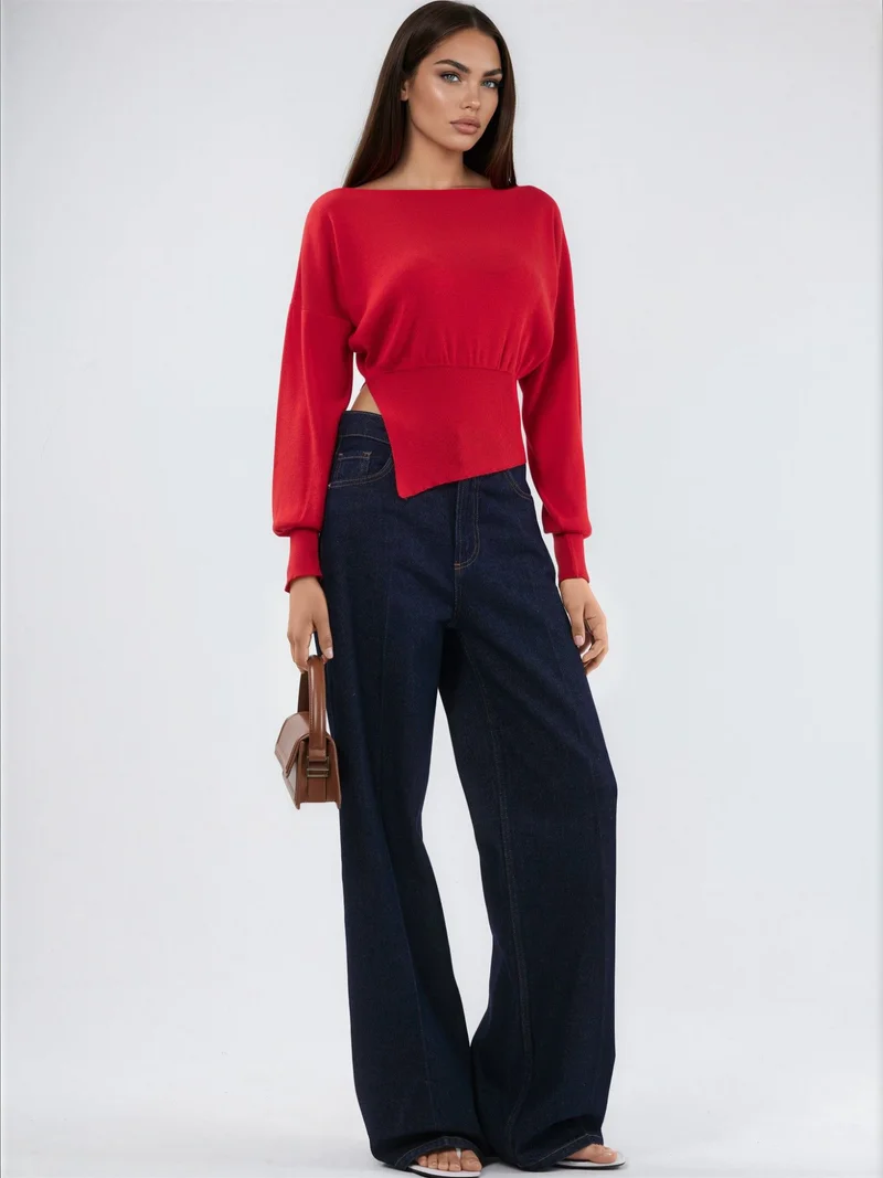 Hiccup Red Mercerized Look Boat Neck Knit Sweater with Slit Detail for Women | Best Price UAE