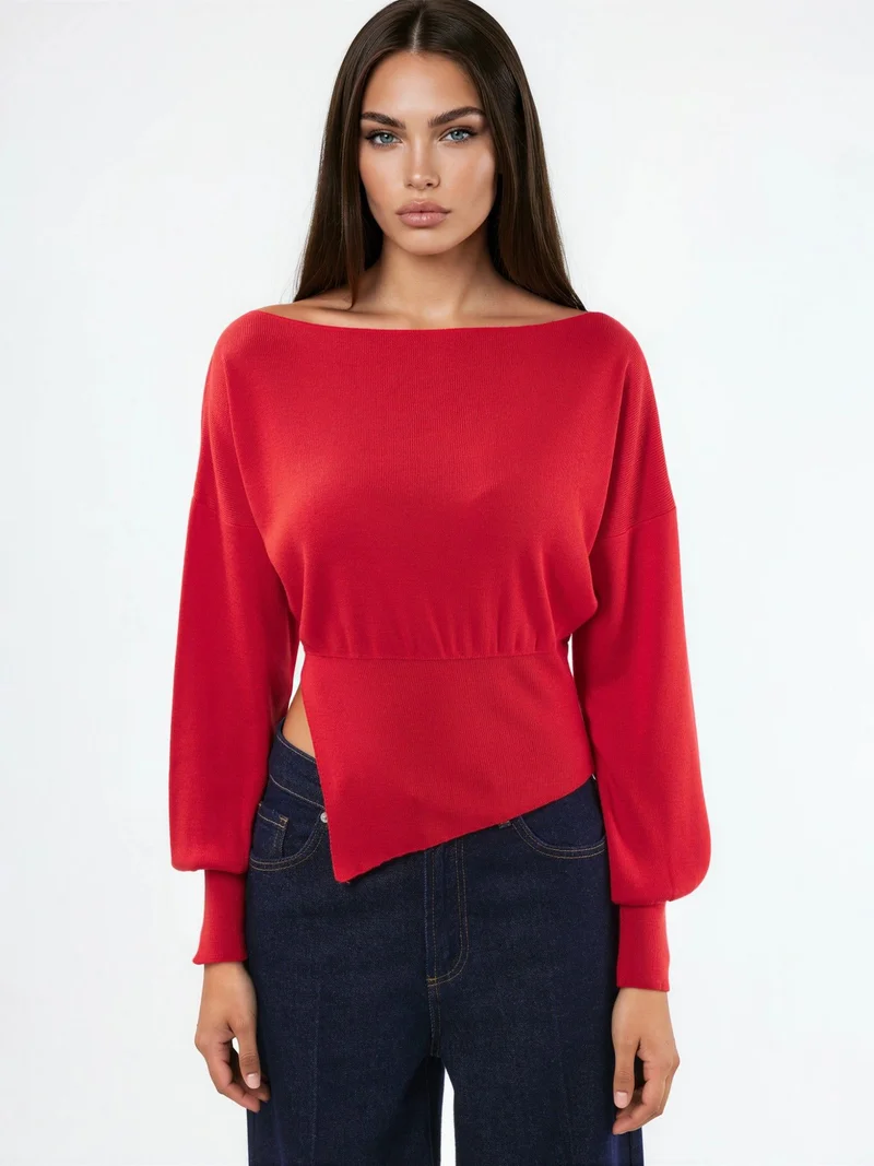 Hiccup Red Mercerized Look Boat Neck Knit Sweater with Slit Detail for Women | Best Price UAE
