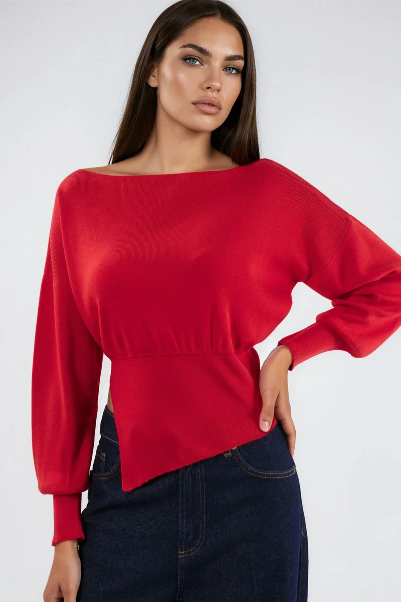 هيكاب Mercerized Look Boat Neck Knit Sweater with Slit Detail