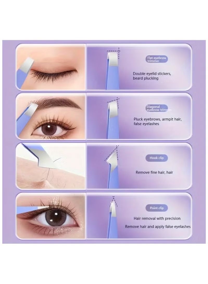 مجموعة ملاقط من الفولاذ المقاوم للصدأ 4 قطع - مشابك دقيقة للحواجب والرموش، أدوات مكياج مقاومة للصدأ للقص المثالي - Image 5