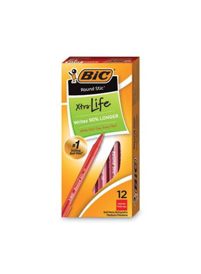 Round Stic Xtra Life Ball Pen, Medium Point (1.0 mm), Red, 24-Count